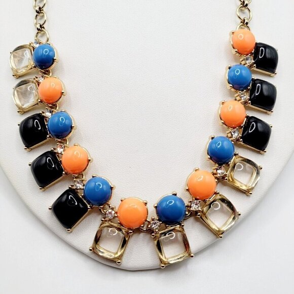 J. Crew Statement Necklace Coral Blue Gold Tone Poured Glass Look SIgned 21.5" - Picture 4 of 9